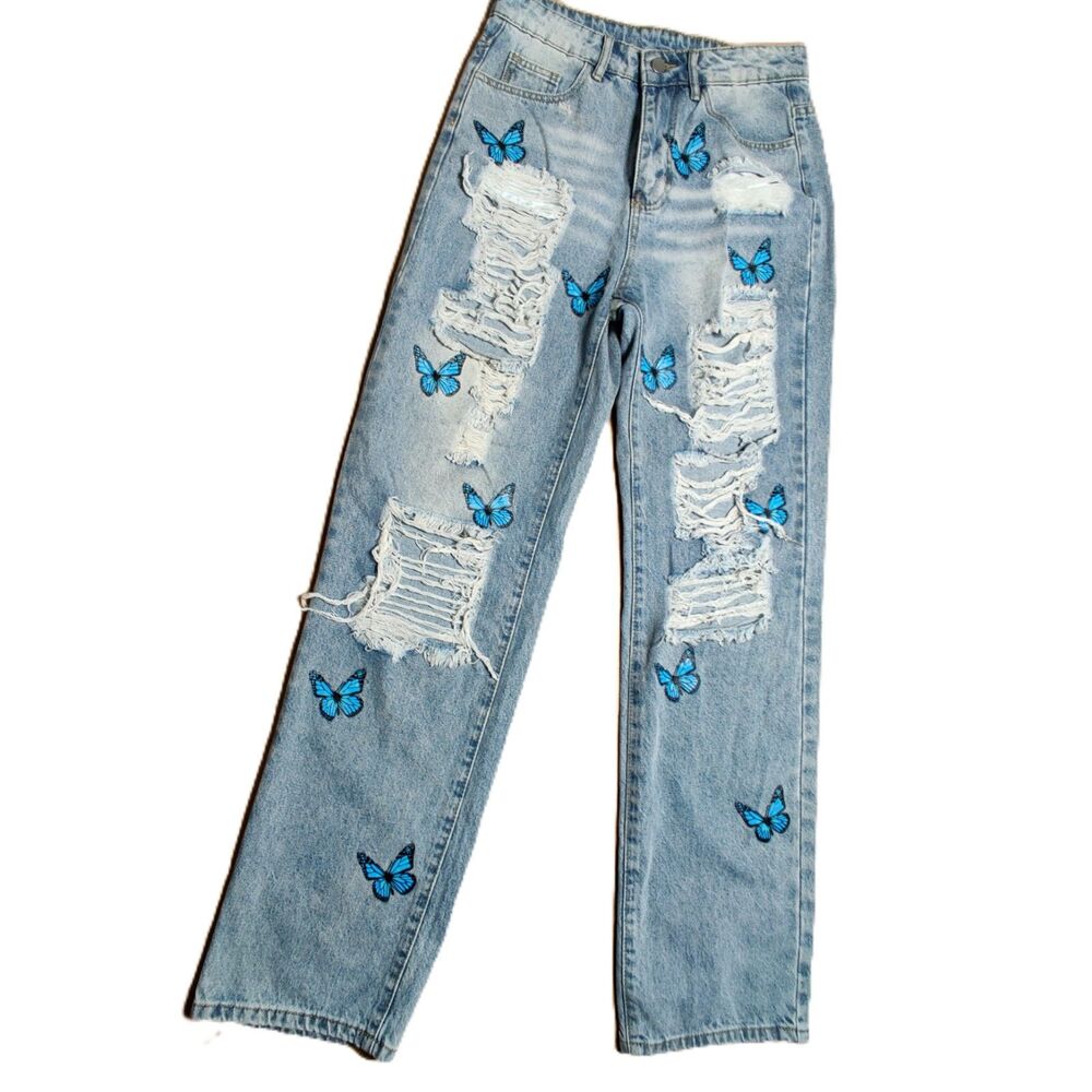 SHEIN Light Wash Butterfly Embroidered Distressed Wide Leg Jeans Size Medium